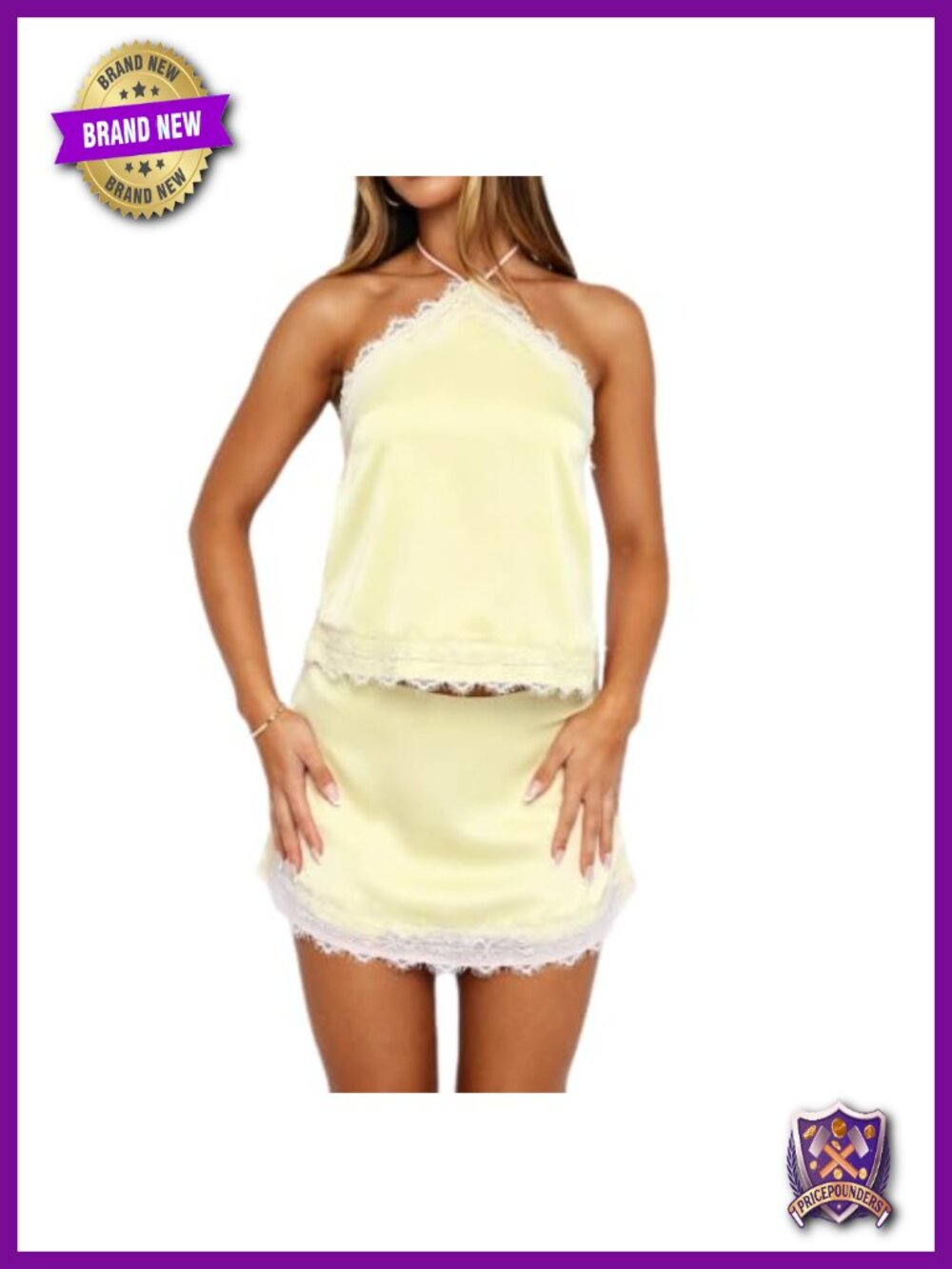 Women Satin Lace Trim Tank Top Mini Skirt Set Sleeveless Tie Back Slim Fit Y2K